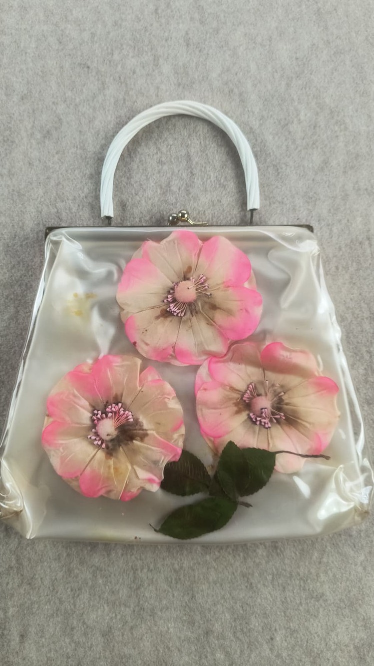 Vintage 1950's clear vinyl terrarium handbag with silk flowers